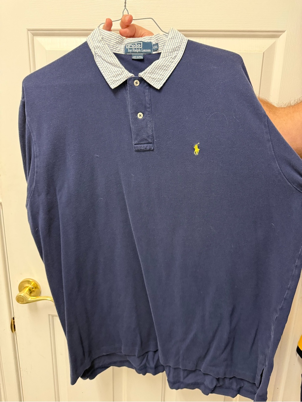 Ralph Lauren Navy Polo Shirt with Yellow Pony and Striped Collar